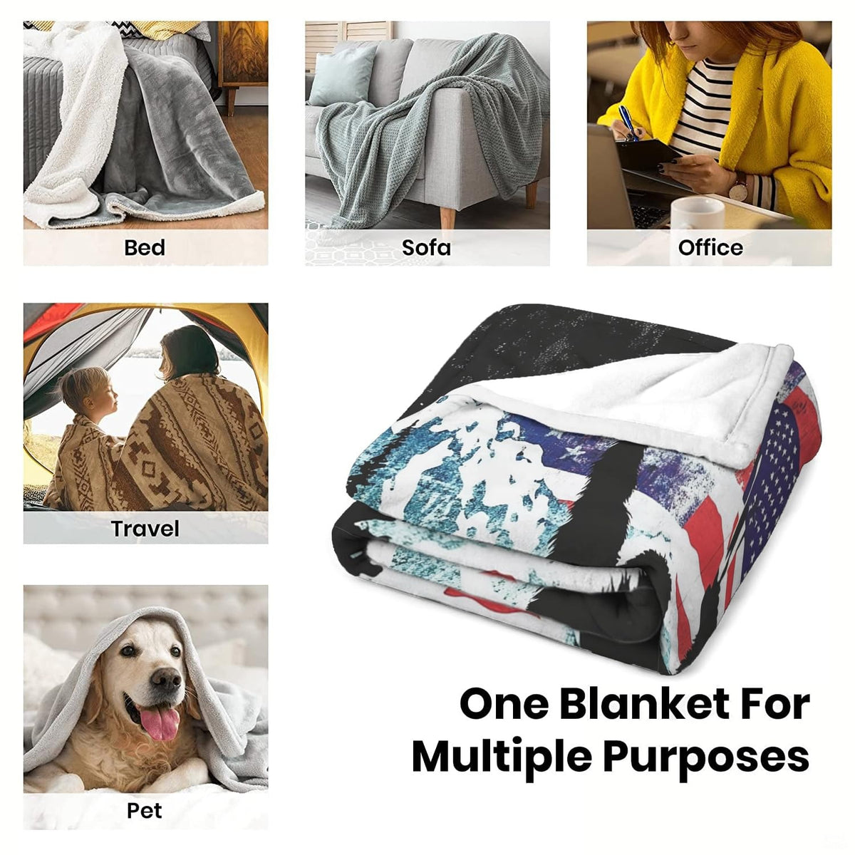 Multi panel graphic demonstrating diverse indoor and outdoor uses for throw blanket