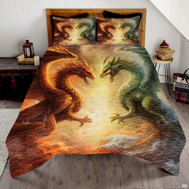 Orange and green dragons facing each other across glowing golden light on a bed