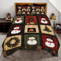 Rustic holiday bedding featuring Christmas patchwork motifs with snowmen and pine trees.
