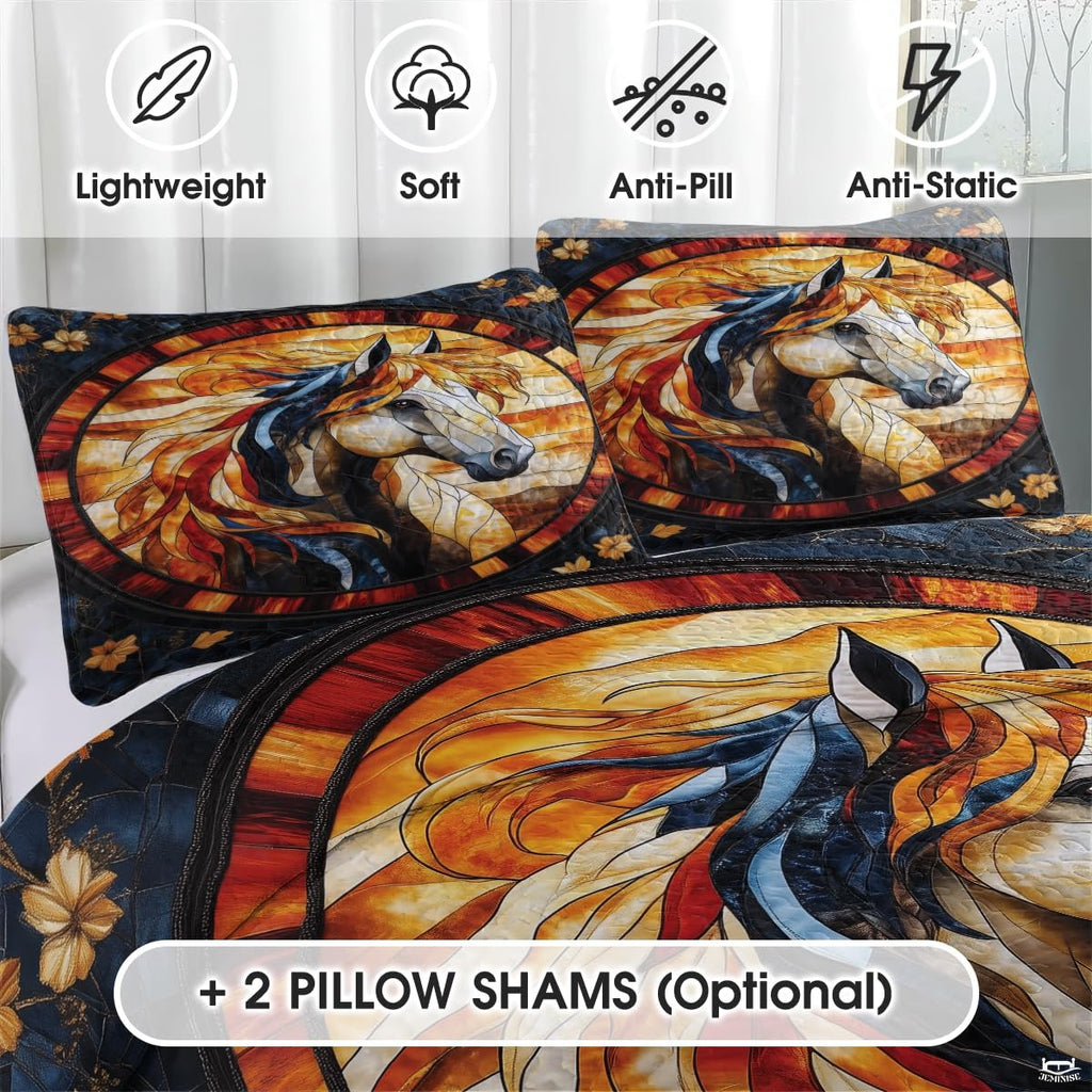 Horse Patchwork Pattern Quilt Set, Vintage Animal Quilt Printed Patchwork Style, Horse Printed Bedset Full Queen Size Quilts Bedspread, Best Gift for Bedroom Decor