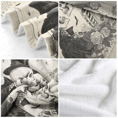 Gothic eternal lovers skeleton art styled beside light purple bedding set accents.
