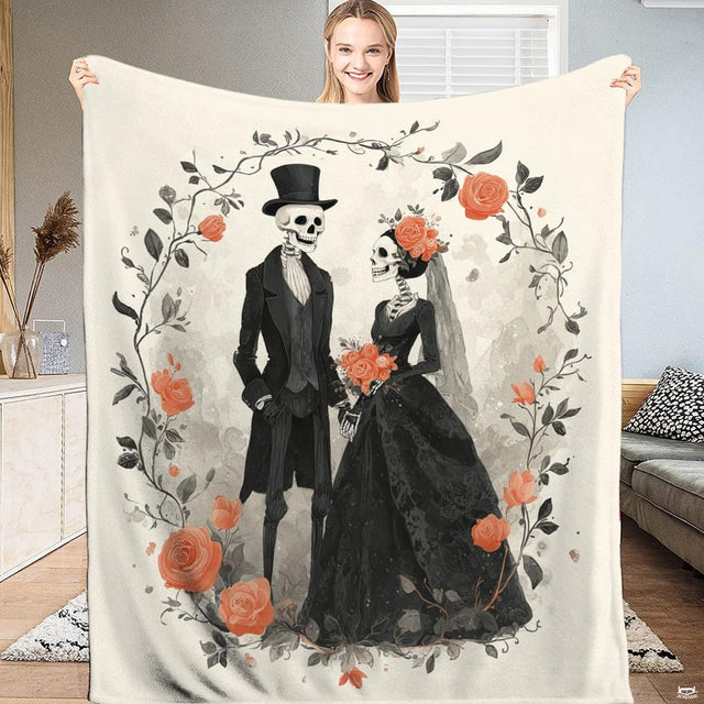 Dark romance floral bedding set featuring Victorian skeleton bride and groom couple holding hands.