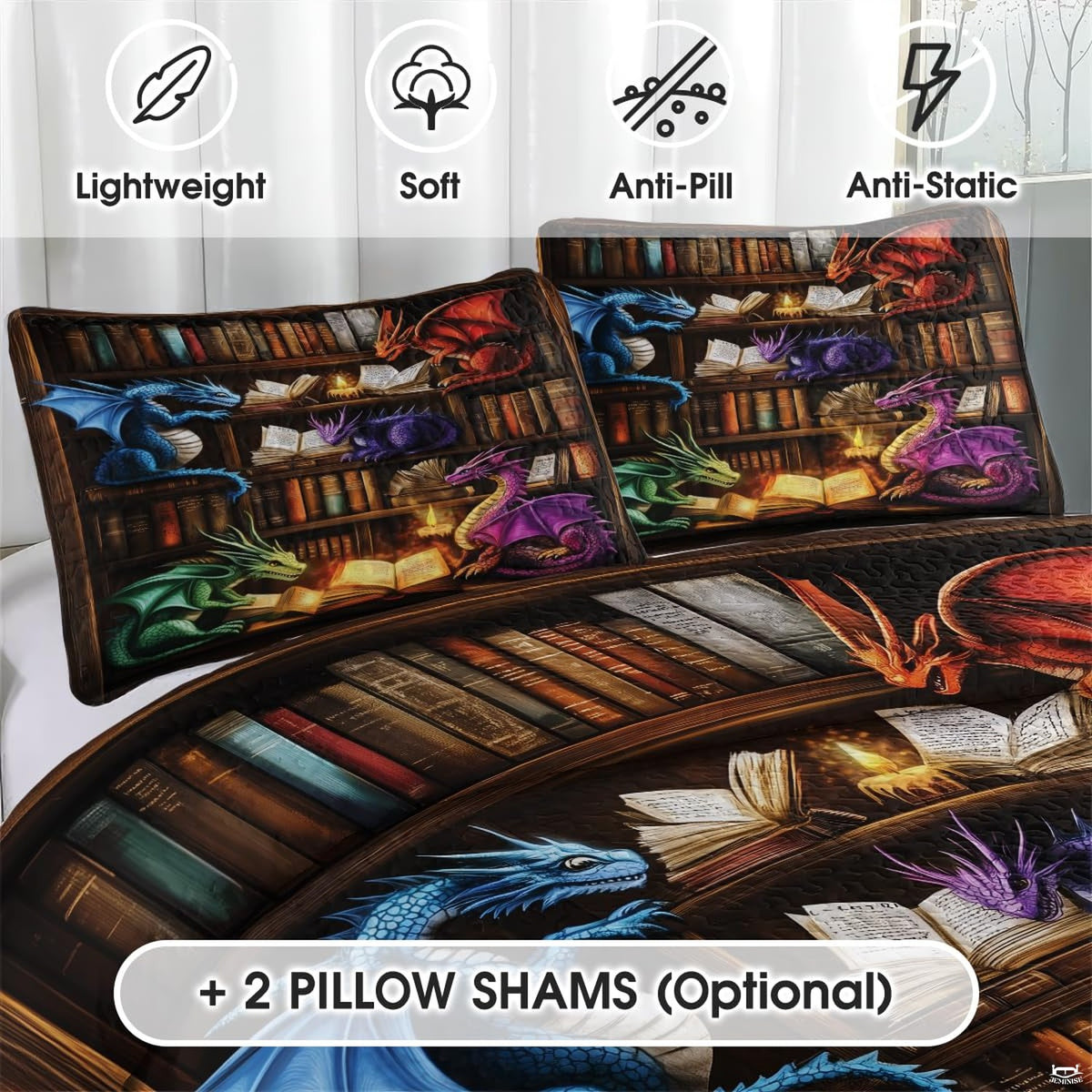 Close view of reading dragon pillow artwork