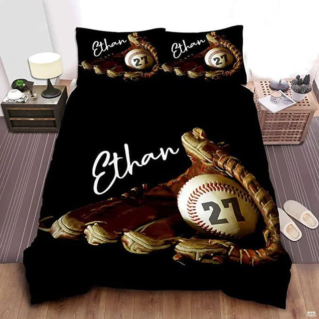 Midnight black and bronze baseball athletic sports bedding set displayed on a bed in a modern room