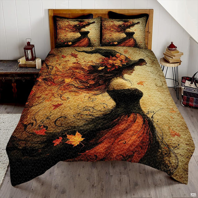 Autumn witch silhouette bedding in a bright bedroom