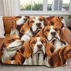Artistic collage pattern of tri-color Beagle hound dog portraits, view 4.