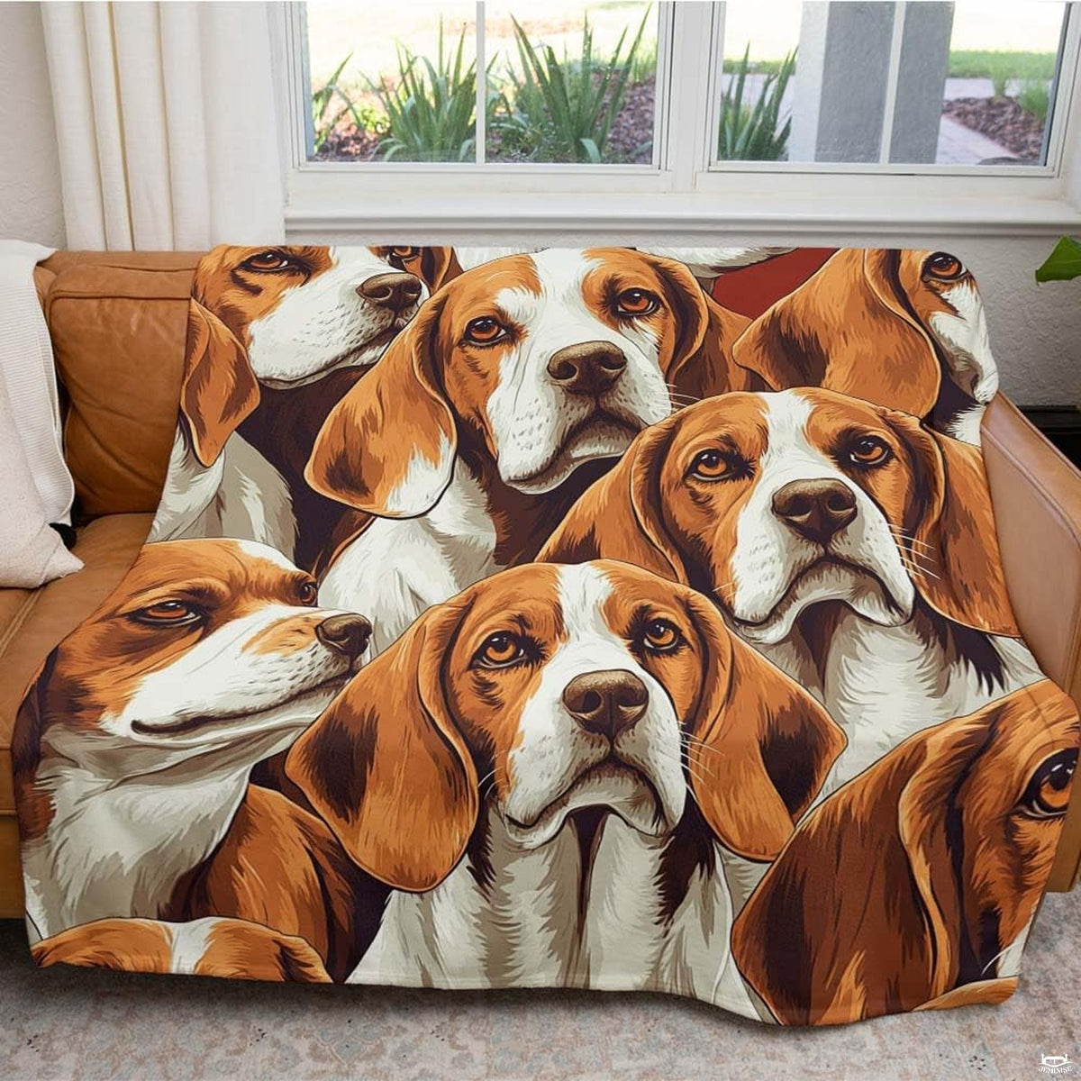 Artistic collage pattern of tri-color Beagle hound dog portraits, view 4.