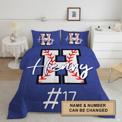 Close-up of varsity baseball thematic accent artwork on royal bedding set.