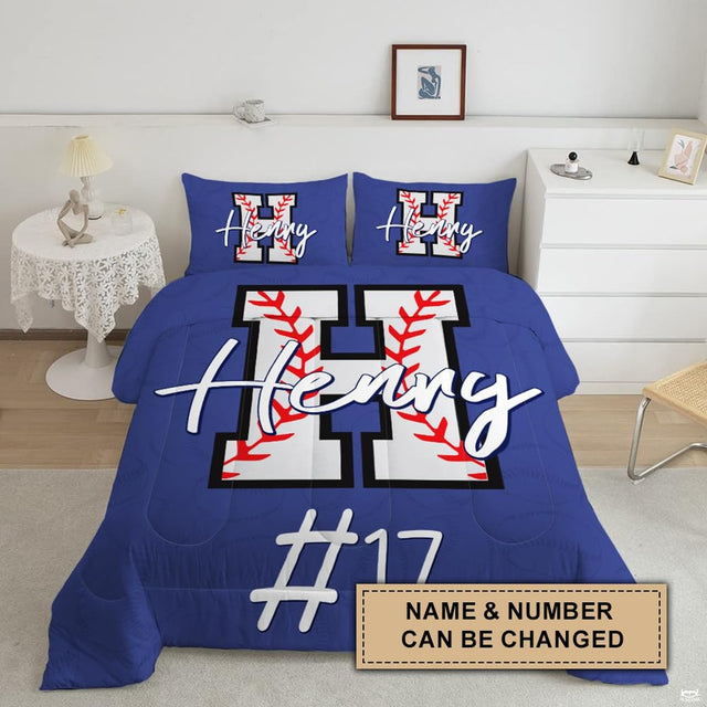 Close-up of varsity baseball thematic accent artwork on royal bedding set.