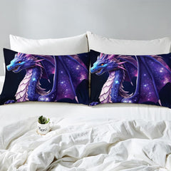 Close-up detail of dragon fantasy bedding highlighting vibrant violet wings and deep indigo cosmic contrasts.