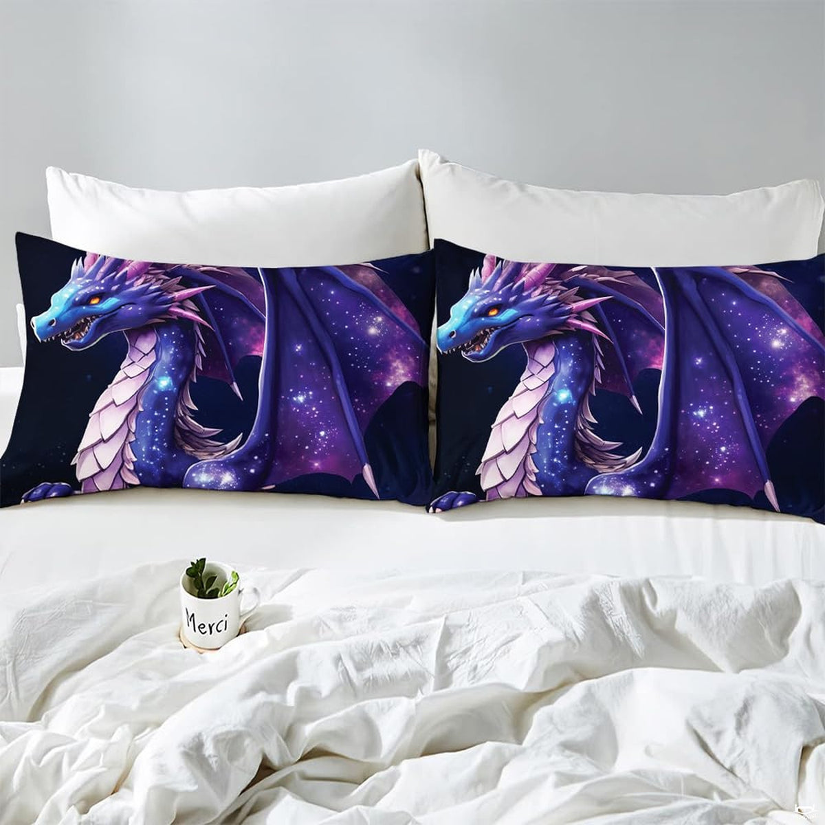 Close-up detail of dragon fantasy bedding highlighting vibrant violet wings and deep indigo cosmic contrasts.