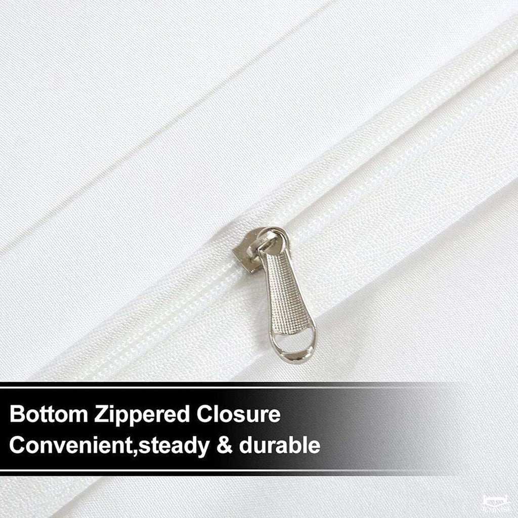 Close-up view of the hidden bottom zipper closure on white bedding casing.