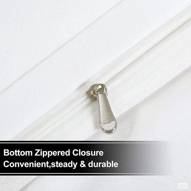 Close-up view of the hidden bottom zipper closure on white bedding casing.