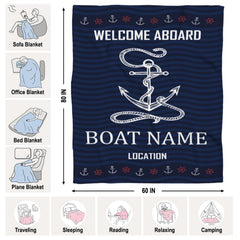 Navy nautical anchor throw blanket view 7 highlighting rope anchor, mini helm border, and wave patterns