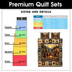 Cabin bedroom decor styling featuring a family campsite and mountain sunset bedding set