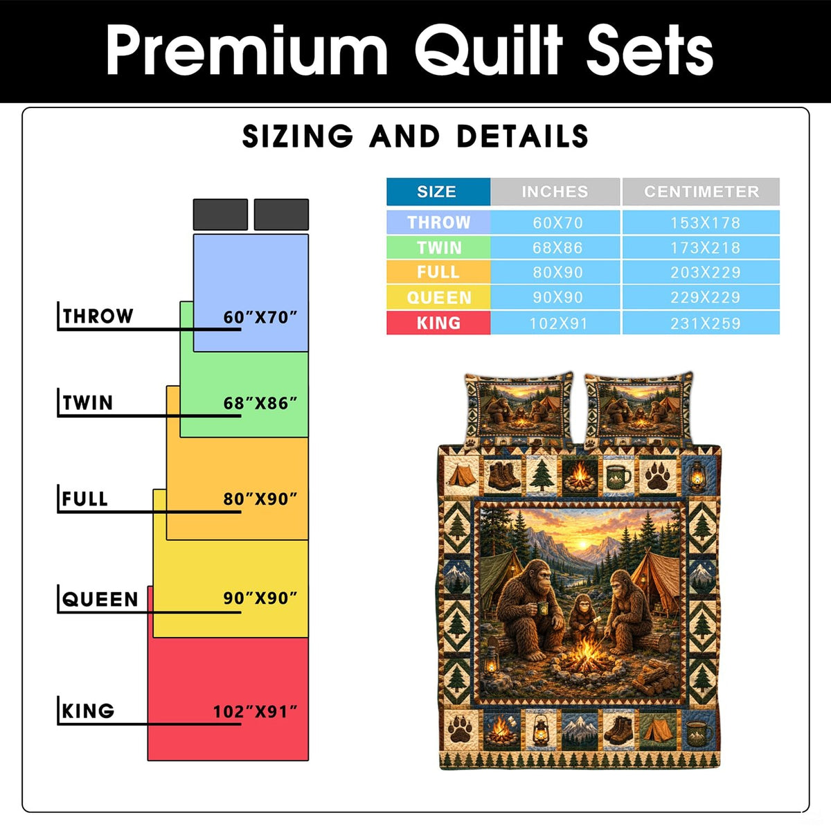 Cabin bedroom decor styling featuring a family campsite and mountain sunset bedding set