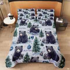 Full bedroom display of rustic bear bedding styled with lodge decor and natural pine accents