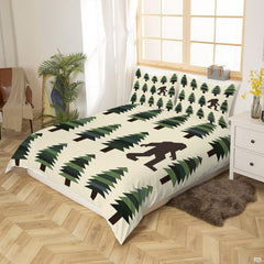 Matching pillow sham detail for Bigfoot bedding set displaying repeating evergreen rows in bedroom setting