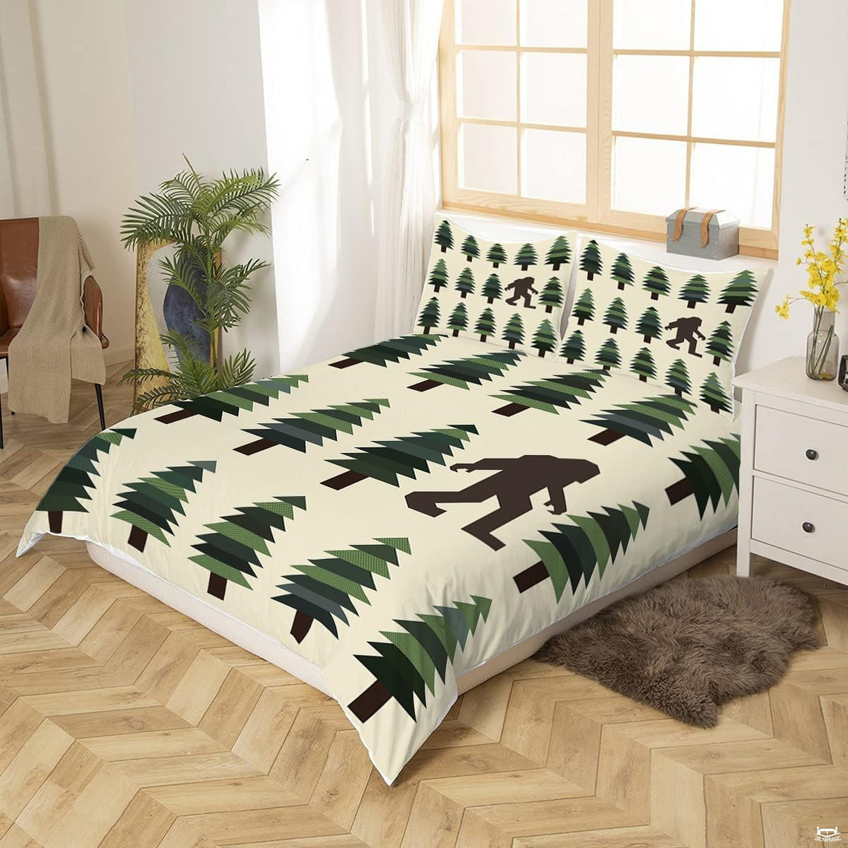 Matching pillow sham detail for Bigfoot bedding set displaying repeating evergreen rows in bedroom setting