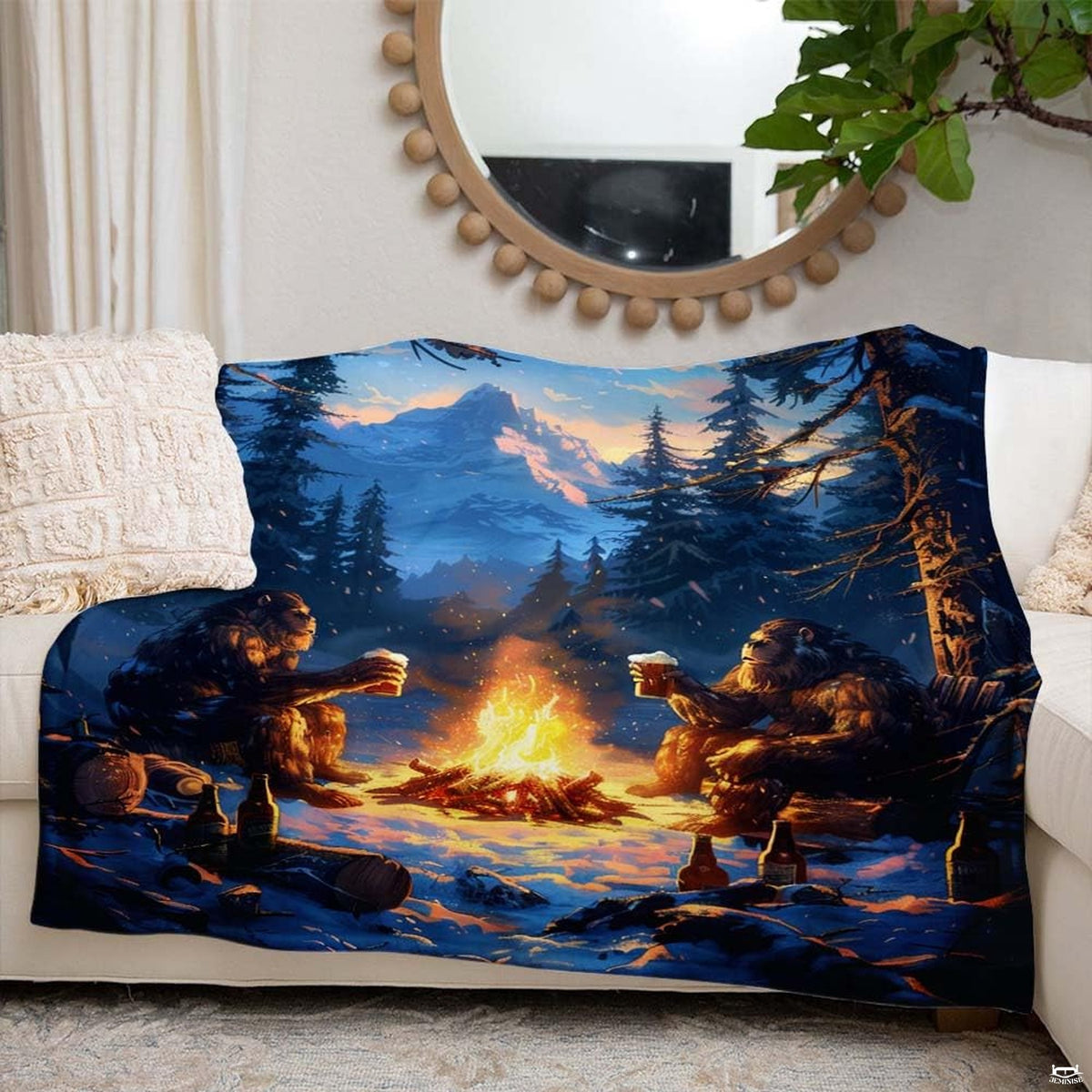 Two Bigfoot creatures drinking beer around a snowy campfire in pine forest, view 5.