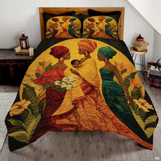Three women in colorful headwraps with a baby and flowers before a gold circle on dark botanical art