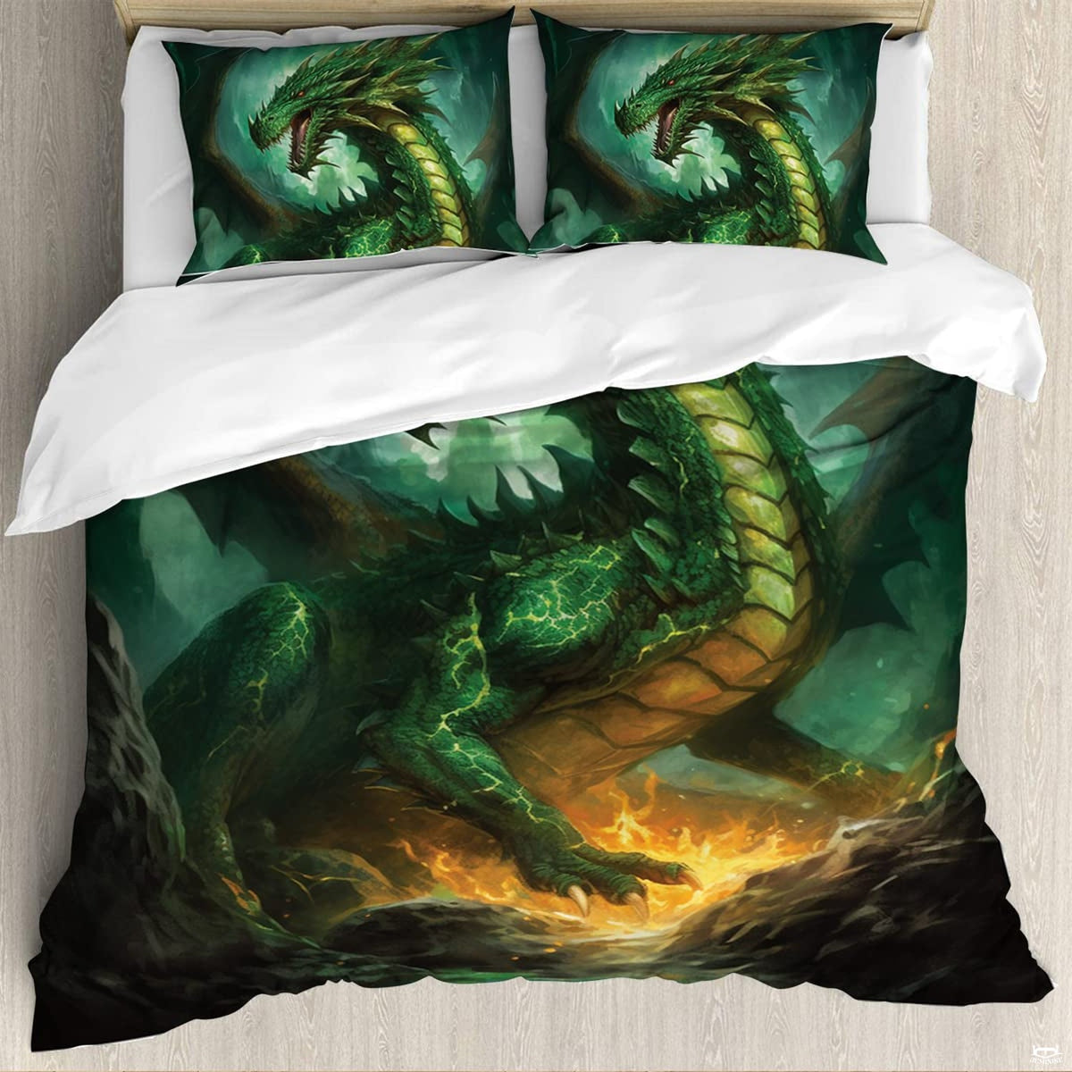 Dramatic fantasy artwork of an emerald dragon with open maw and blazing fire centerpiece across decorative bedding.