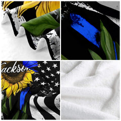 Floral police tribute flag blanket draped over domestic armchair