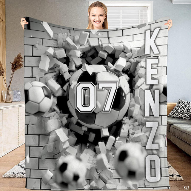 Soccer ball bursting through cracked stone wall graphic bedding set art.