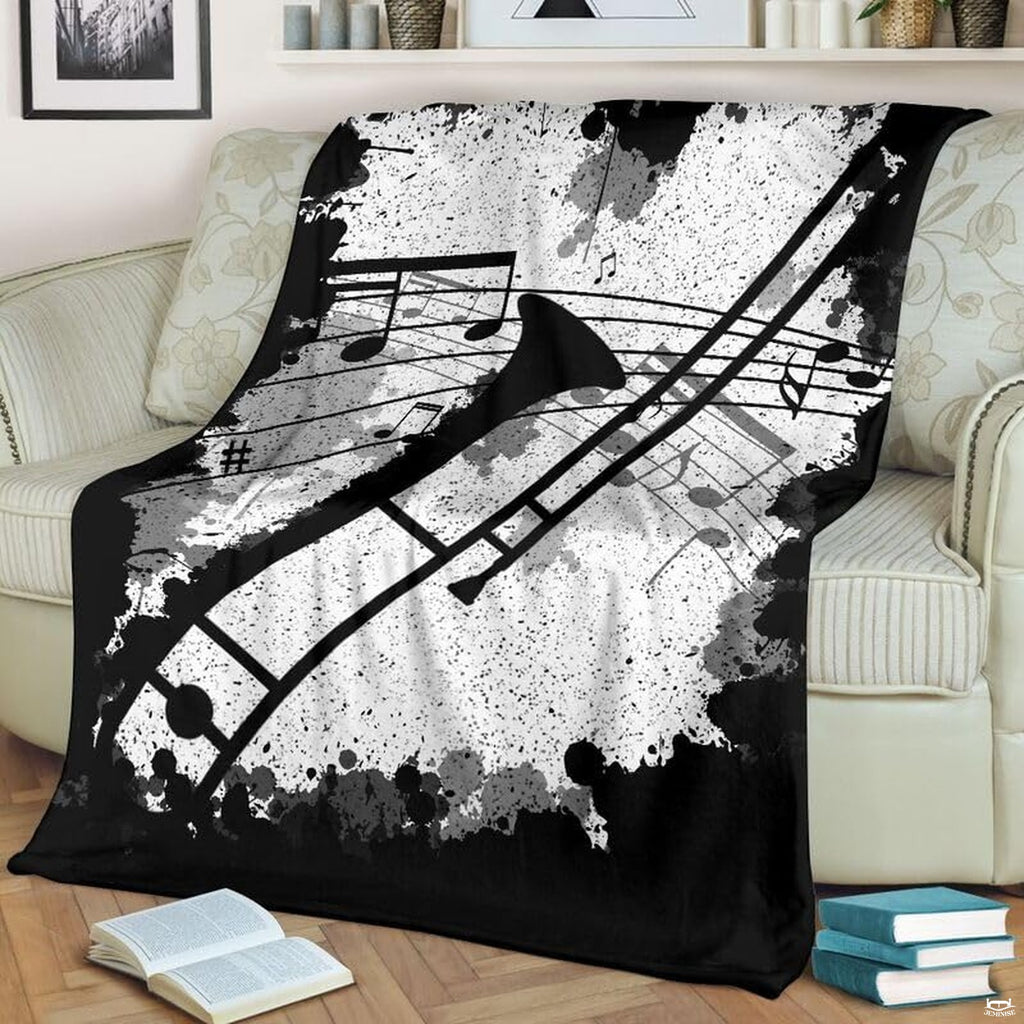 Flat display showing full trombone silhouette, musical notes, and ink splatter graphic.