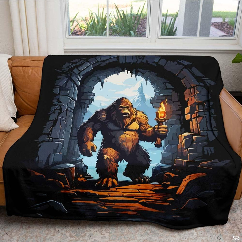 Mythical forest creature emerging from dark cavern stonework on rustic themed bedding.