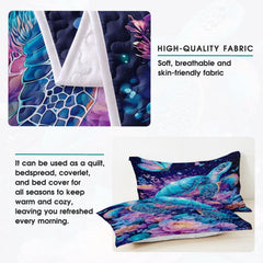Sea turtle bedding set staged in a modern bedroom with jewel-toned oceanic wall decor accents.