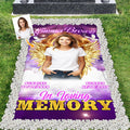 Memorial tribute bedding showcasing radiant golden wings, white doves, and violet celestial clouds across the bed.