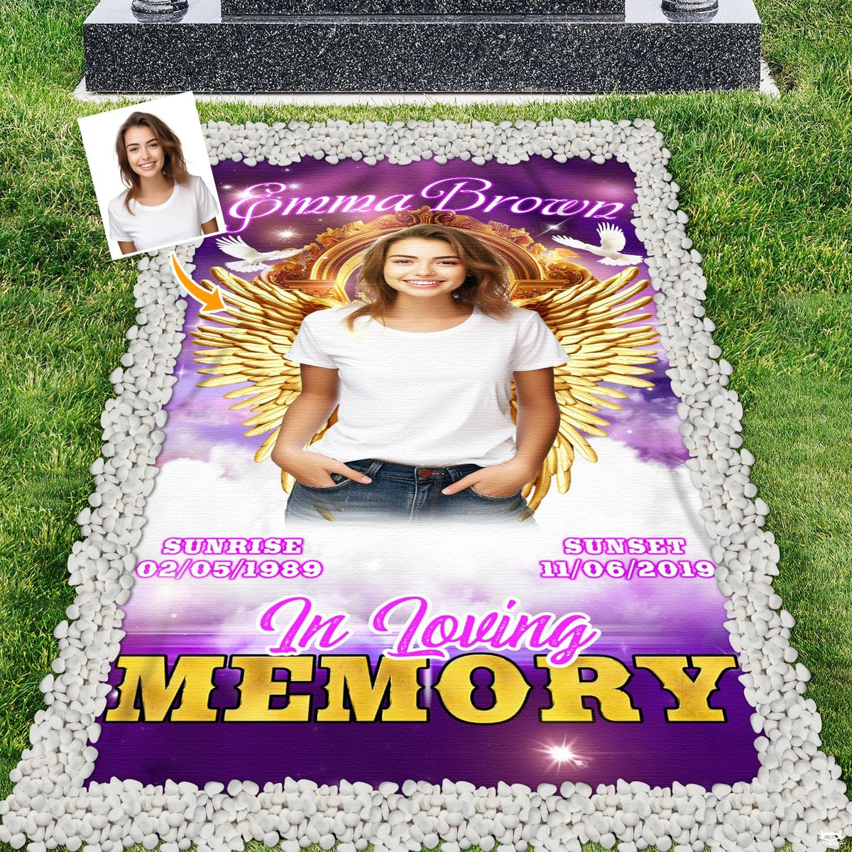 Memorial tribute bedding showcasing radiant golden wings, white doves, and violet celestial clouds across the bed.