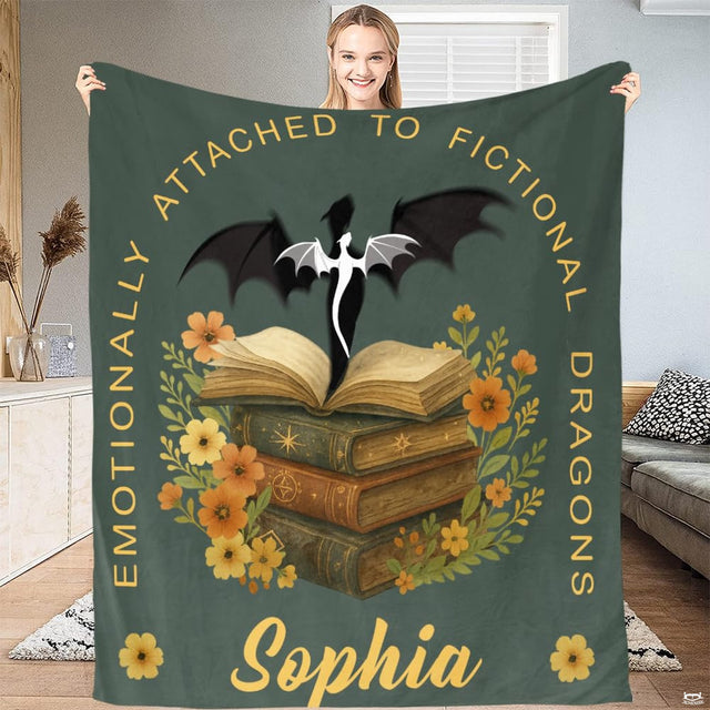 Emotionally attached to fictional dragons bookish blanket showing book stack and dragon view 1
