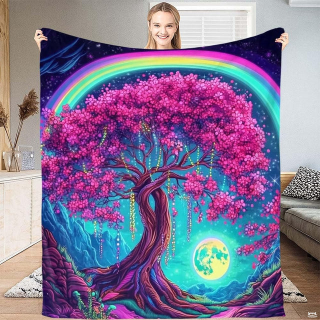 Cherry blossom rainbow tree throw blanket displaying pink sakura blooms and glowing moon