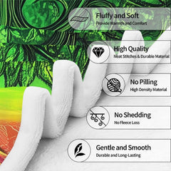 Full spread presentation of neon green Tree of Life throw blanket with vibrant psychedelic colors