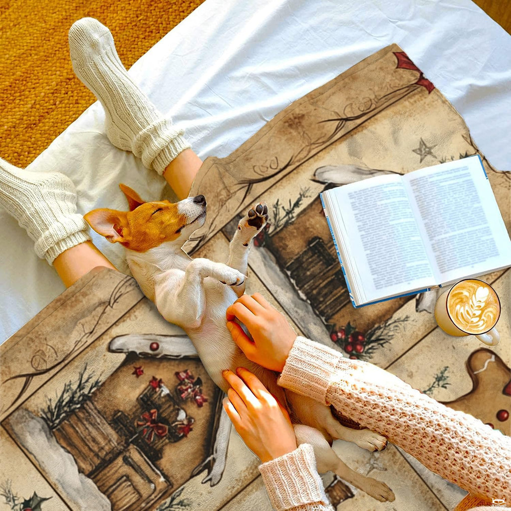 Rustic snow-covered cottage and star illustrations across vintage-styled holiday bedding.