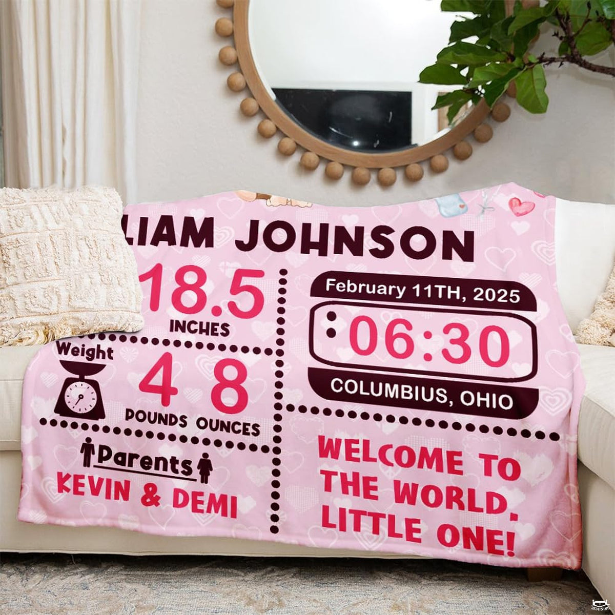 Graphic layout illustrating product features and detailed views of the baby milestone blanket.