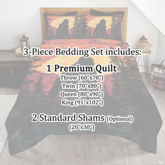 Full bedroom display of crimson sunset Bigfoot bedding styled with outdoor cabin room decor accents