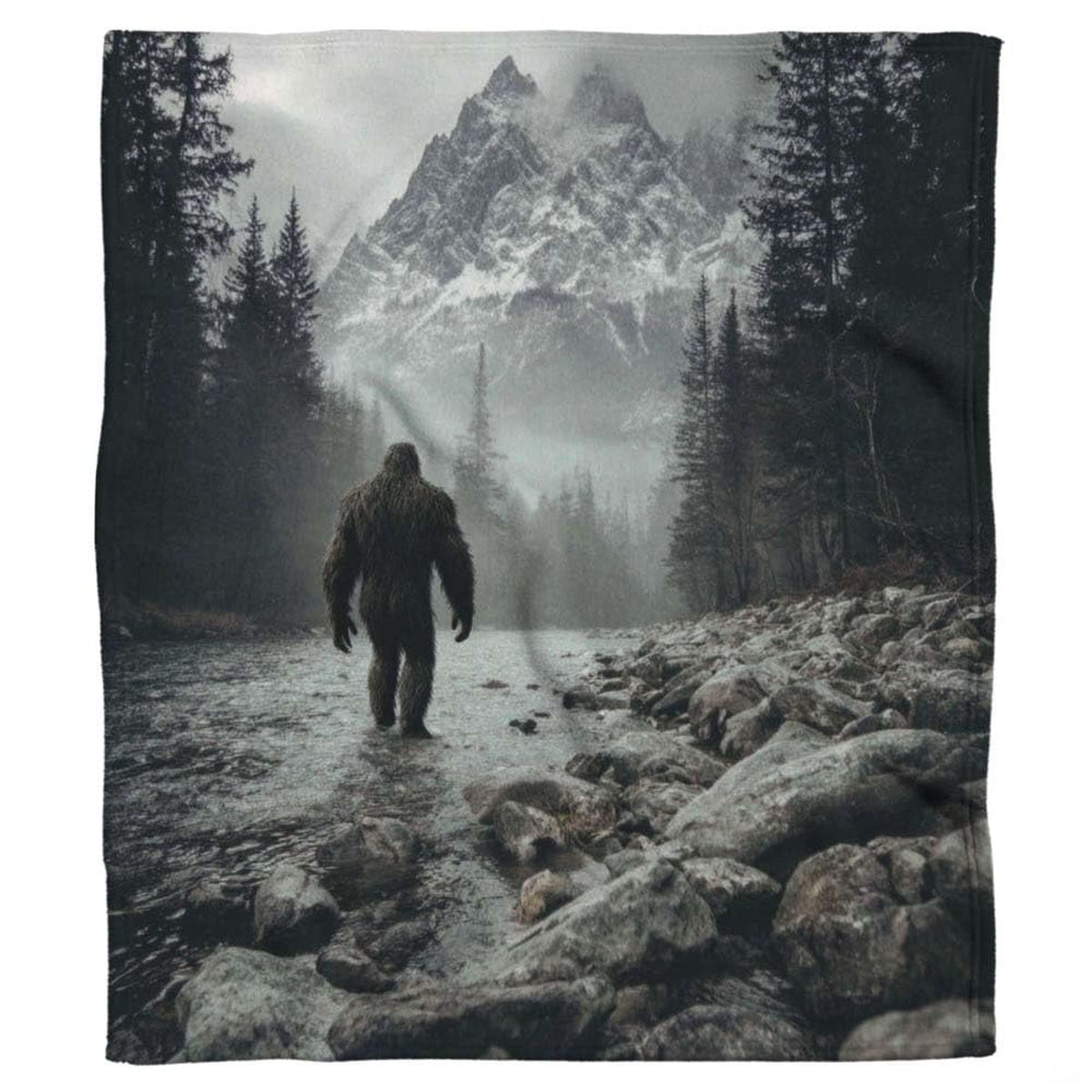 Bigfoot walking through a rocky mountain river toward snow-capped peaks, view 2.