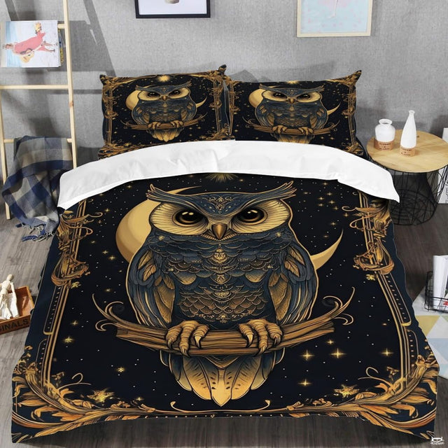 Golden moon owl bedding shown in a modern bedroom