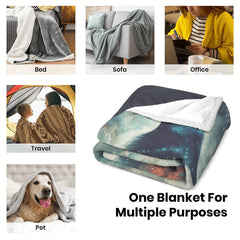 Folded presentation of the celestial wolf throw blanket resting neatly on an armchair.