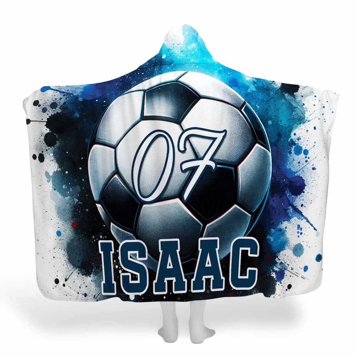 Dynamic soccer ball artwork on mid century modern bedding set with blue watercolor splatters.