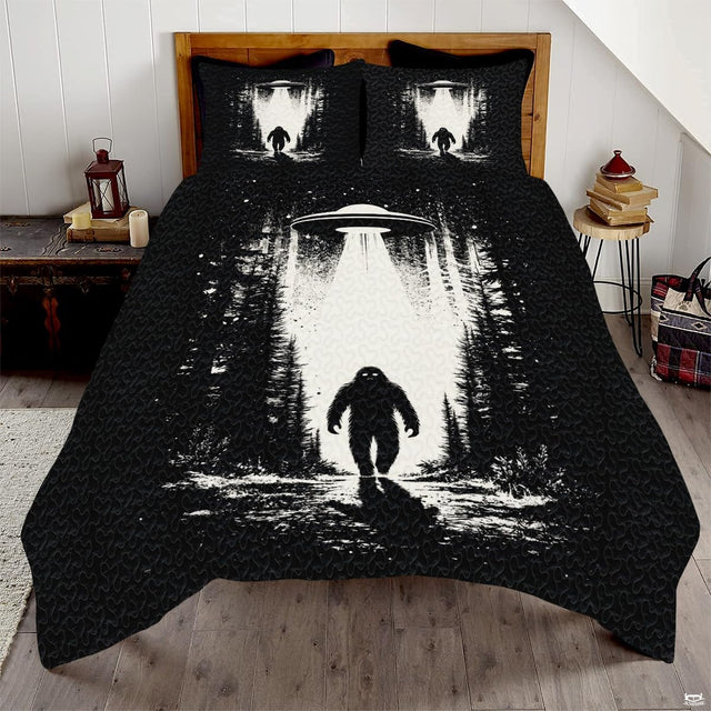 Sasquatch walking from pines beneath a hovering saucer in an alien abduction bedroom.