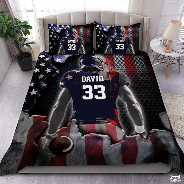 Custom Football Player with American Flag Background Comforter