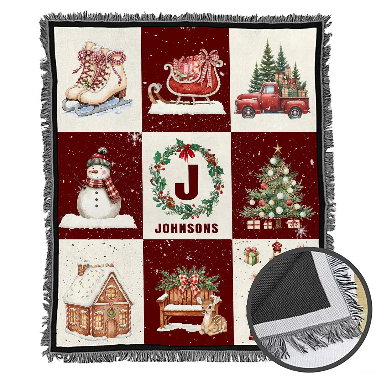 Vintage holiday sampler blanket styled over a rustic living room armchair near fireplace