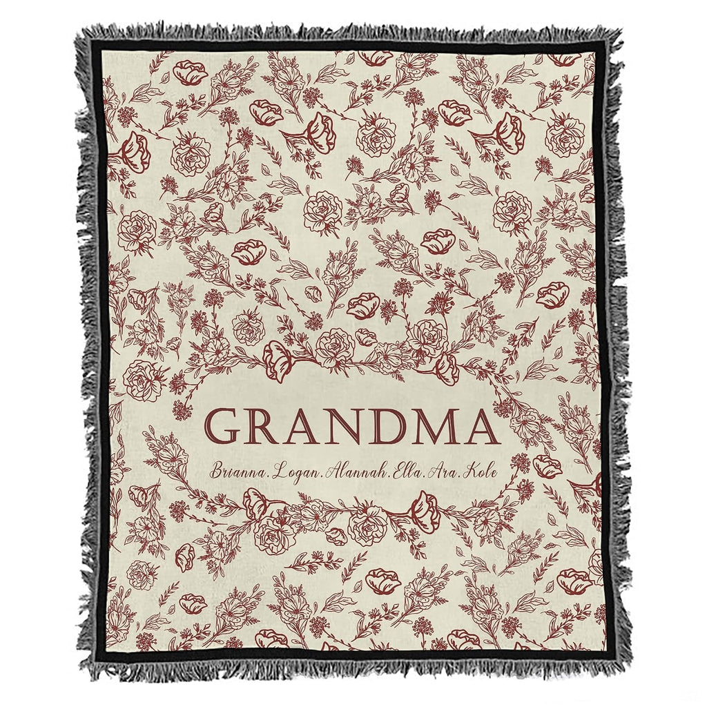 Folded presentation presenting delicate floral line definition and fringe on Blanket.