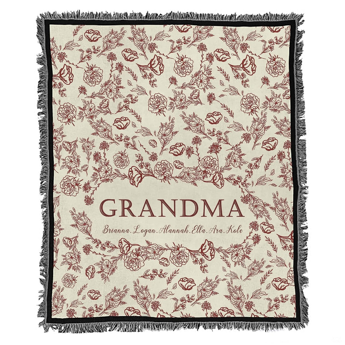 Folded presentation presenting delicate floral line definition and fringe on Blanket.