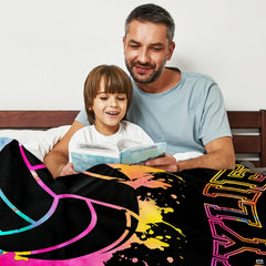 Angled bedroom shot highlighting bright neon volleyball artwork centered on modern sports bedding.