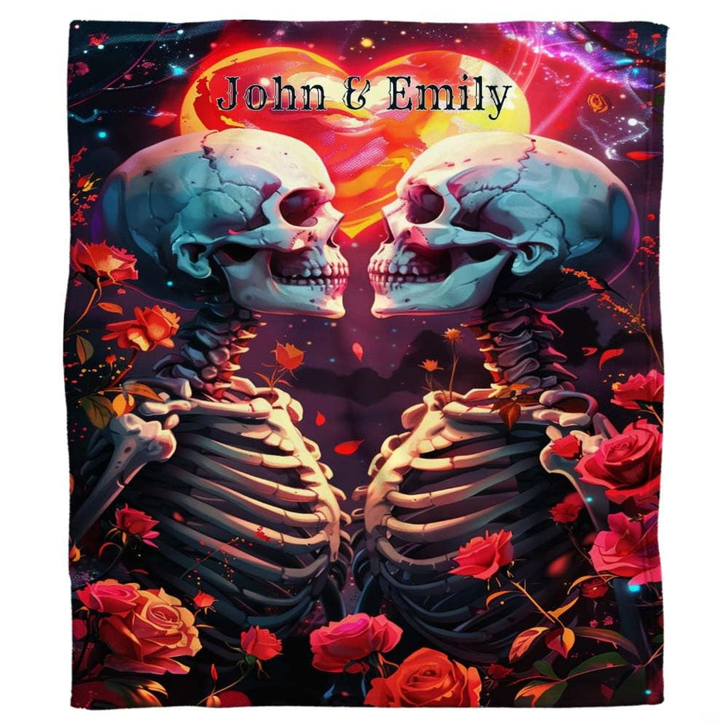 Gothic skeleton couple throw blanket draped over contemporary living room sofa